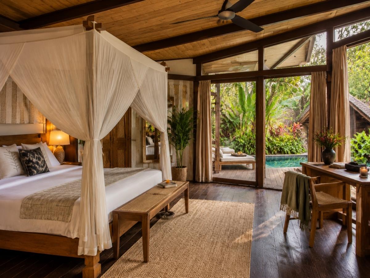 Aerial view of Casa Pohon Ubud dining area, private pool and tropical villa surroundings