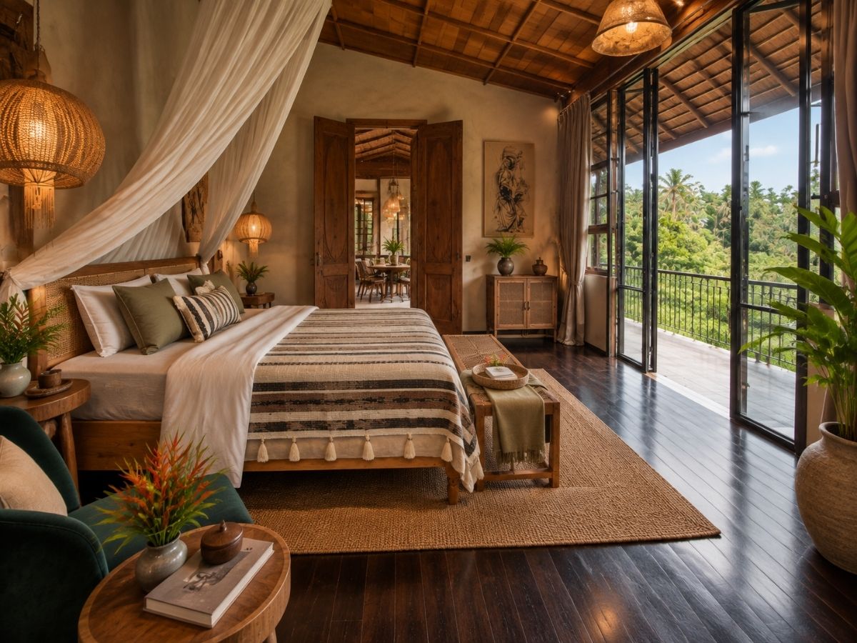 Bedulu Cliff Estate bedroom with canopy bed, wooden interior, lounge seating and tropical jungle views