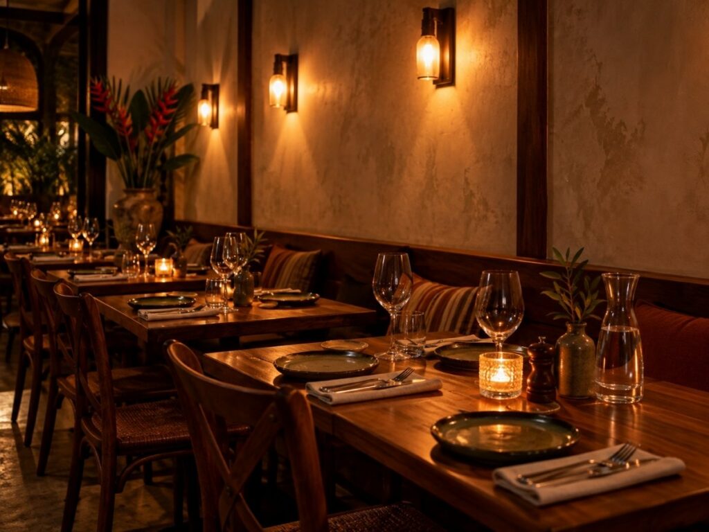 Pica South American Kitchen dining room with warm wall lighting, wooden tables, wine glasses and candlelit table settings