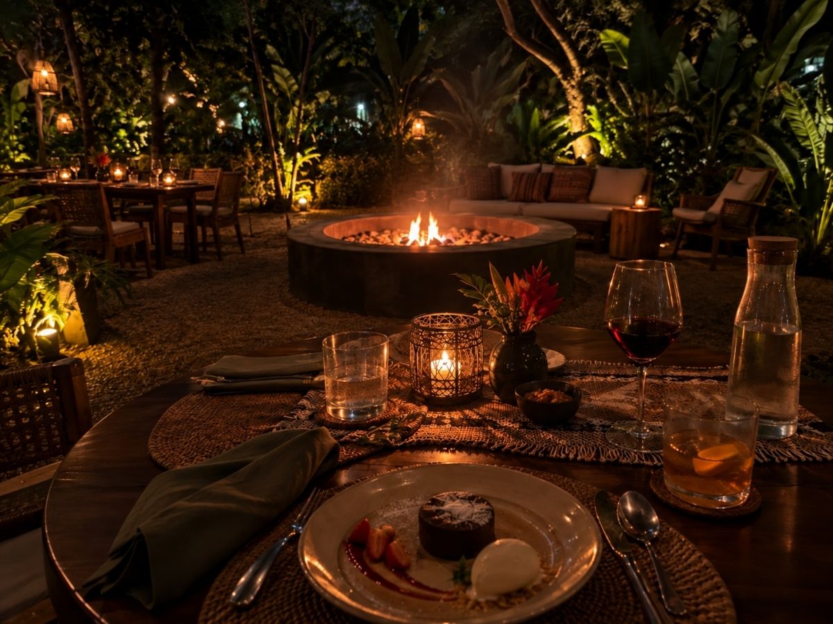 Room4Dessert outdoor garden dining area with a fire pit, candlelit table and tropical greenery at night